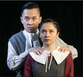  ??  ?? In The Crucible, Reverend Parris (Louis Lin) testifies that he never saw his niece, Abigail (Heidi Damayo), dancing naked in the woods. Emily Cooper photo.