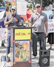  ?? Courtesy of WeCount! ?? Richard Quincoces, an organizer for Laborers Internatio­nal Union of North America, which represents constructi­on workers, speaks at a June 21, 2023, rally calling on Miami-Dade County to create heat protection­s for outdoor workers.