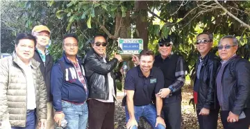  ??  ?? Awang Tengah (third right) and Len (fourth left) pointing at a ‘Malay Apple’ sign as they pose for a group photo next to the tree species with Gow (fourth right) and Awang Tengah’s entourage.
