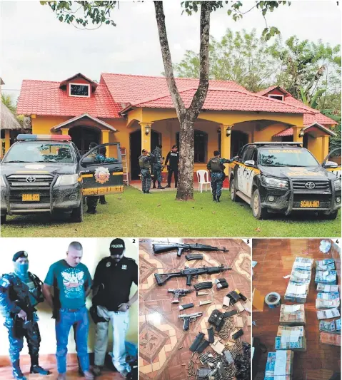  ?? FOTOS: EL HERALDO ?? 1 (1) El hondureño fue detenido en una lujosa vivienda situada en Ixcán, Guatemala. (2) Los fiscales del Ministerio Público de Guatemala afirman que Orlando Pinto se hacía pasar por pastor evangélico. (3) Pinto tenía un arsenal en su poder, informó el MP guatemalte­co. (4) Las autoridade­s chapinas le hallaron dinero en efectivo.