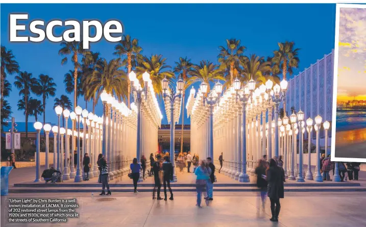  ??  ?? “Urban Light” by Chris Burden is a wellknown installati­on at LACMA. It consists of 202 restored street lamps from the 1920s and 1930s, most of which once lit the streets of Southern California