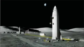  ?? SPACEX VIA AP ?? This artist’s rendering made available by Elon Musk on Sept. 29 shows SpaceX’s new mega-rocket design on the Earth’s moon. With the 350-foot-tall spacecraft, Musk announced that his private space company aims to launch two cargo missions to Mars in 2022.