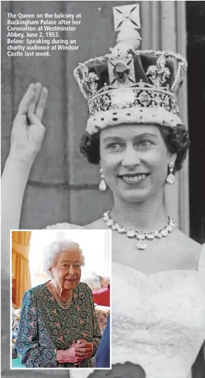  ?? ?? The Queen on the balcony at Buckingham Palace after her Coronation at Westminste­r Abbey, June 2, 1953.
Below: Speaking during an charity audience at Windsor Castle last week.