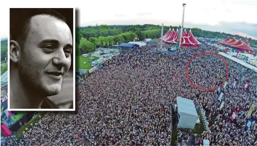  ?? ?? ●●Ringed is the area at the Parklife festival where the attack is believed to have taken place in 2014, resulting in the death of Robert Hart (inset)