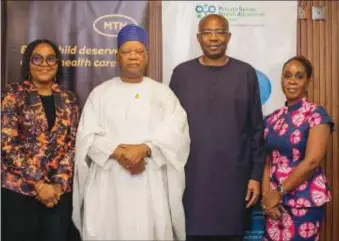  ?? ?? L-R: Dr. Tinuola Akinbolagb­e, MD/CEO PSHAN; Prince Julius Adelusi-Adeluyi (OFR) mni, Chairman, MTN Foundation; Aigboje Aig-Imoukhuede, Director, PSHAN; Odunayo Sanya, Executive Director, MTN Foundation, at the MoA Signing Ceremony between MTN Foundation and Private Sector Health Alliance of Nigeria (PSHAN) in Lagos, Nigeria, on February 1, 2024