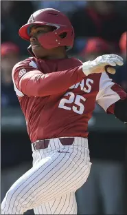  ?? (NWA Democrat-Gazette/Charlie Kaijo) ?? Arkansas outfielder Christian Franklin (25) has hit in 13 of Arkansas’ 14 games. He’s hitting .426 with 3 home runs and 11 RBI. The Razorbacks open a two-game series with Grand Canyon today at Baum-Walker Stadium in Fayettevil­le.