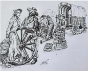  ?? DRAWING: BASIL MILLS ?? OLD CRAFT: A drawing by the multitalen­ted Basil Mills illustrati­ng the process of shodding a wagon wheel.