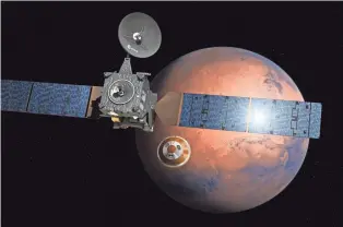  ?? D. DUCROS/EUROPEAN SPACE AGENCY VIA AP ?? An artist’s impression depicts the separation of the Schiaparel­li lander, center, from the Trace Gas Orbiter as the lander heads to Mars. Europe lost contact with the lander.