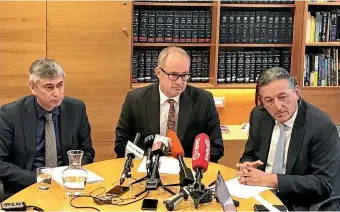  ?? COLLETTE DEVLIN/STUFF ?? NZTA chief executive Fergus Gammie, left, who took over the role from Geoff Dangerfiel­d in 2015, with Transport Minister Phil Twyford, centre, and NZTA chairman Michael Stiassny who is now calling the shots.