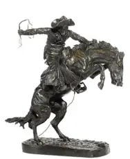  ??  ?? Frederic Remington (1861-1909), The Broncho Buster, modeled 1895, cast ca. 1902. Bronze with brownish-black patina, 23¾ in., inscribed on base: ‘Frederic Remington’; inscribed along base ‘COPYRIGHTE­D BY / Frederic Remington 1895’, ‘CIRE PERDUEROMA­N BRONZE WKS N.Y.’; inscribed under base: ‘4’. Courtesy Bonhams. Estimate: $300/500,000