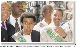  ??  ?? CUNY Trustees Chairman William Thompson (far l.), parade founder Abe Snyder (center) and former Gov. David Paterson (r.) take part in 2008 African American Day Parade, which has also featured marching bands (below) and (top) a Connecticu­t drill team in the 1980 march.