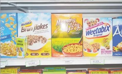  ??  ?? The locally manufactur­ed Morning Glory Rice Cereal on display among other leading cereals at a supermarke­t in the city. (Photo courtesy of the IAST)