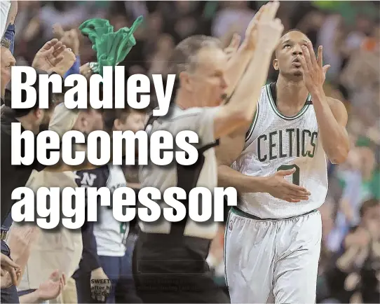  ?? STAFF PHOTO BY MATT STONE ?? SWEET SUCCESS: Avery Bradley blows a kiss after hitting a 3-pointer during last night’s win at the Garden.