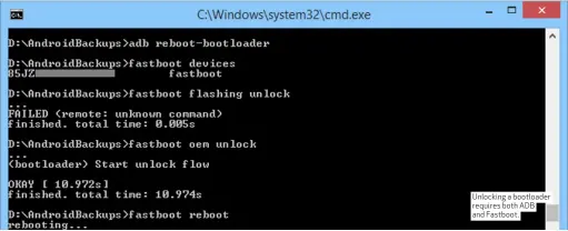  ??  ?? Unlocking a bootloader requires both ADB and Fastboot.