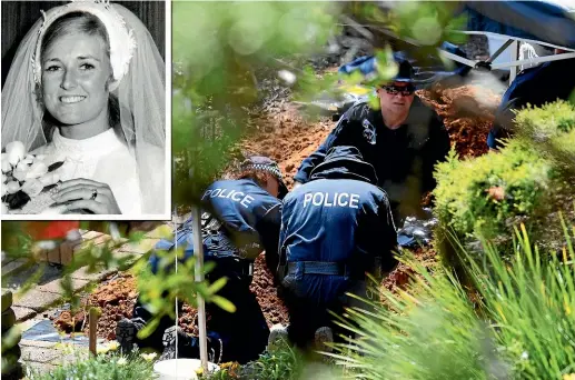  ??  ?? NSW Police and Forensic Services personnel are seen sifting through dirt as they search the former home of missing woman Lynette Dawson, inset, at Bayview on the northern beaches, in Sydney.