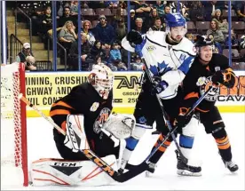  ?? DAVID CROMPTON/Penticton Herald ?? Chris Klack and the Penticton Vees got to the net but couldn’t beat Trail goaltender Adam Marcoux when they needed it most in Game 7 of the Interior Division semifinal series.