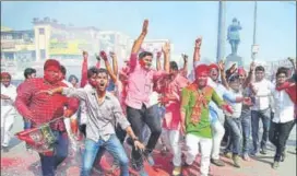  ?? PTI ?? Samajwadi Party workers celebrate the party’s bypoll victory in Allahabad on Wednesday.