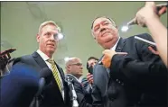  ?? SEMANSKY/ THE ASSOCIATED PRESS] [PATRICK ?? Acting Defense Secretary Patrick Shanahan, left, and Secretary of State Mike Pompeo speak to members of the media after a classified briefing for members of Congress on Iran, Tuesday on Capitol Hill in Washington.