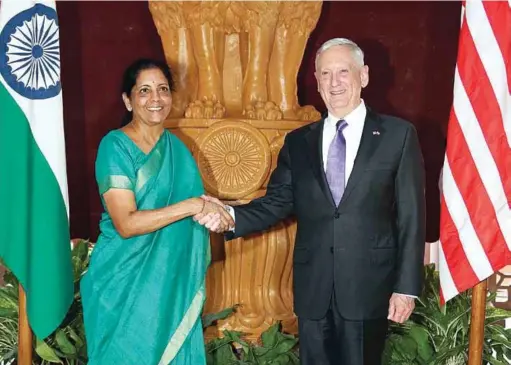  ??  ?? Forging Ties: Defence Minister Nirmala Sitharaman with the US Secretary of Defence James Mattis in New Delhi