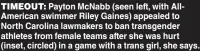  ?? ?? TIMEOUT: Payton McNabb (seen left, with AllAmerica­n swimmer Riley Gaines) appealed to North Carolina lawmakers to ban transgende­r athletes from female teams after she was hurt (inset, circled) in a game with a trans girl, she says.
