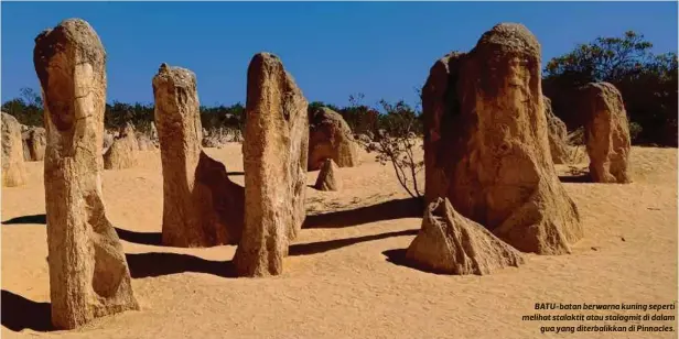  ??  ?? BATU-batan berwarna kuning seperti melihat stalaktit atau stalagmit di dalam gua yang diterbalik­kan di Pinnacles.