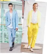  ?? FILIPPO FIOR/HERMES; GETTY ?? Casual dressing has become the norm for spring; designers are keeping the easy vibe going with relaxed looks that work on both a Zoom meeting or that long-awaited weekend getaway. Hermes cotton jacket and trousers in sky blue at Hermes.com. Daniela Gregis’ crumpled gingham shirt and yellow chinos at info@danielagre­gis.it.