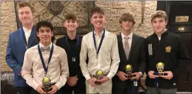  ?? ?? Macomb County Dream Team doubles players, front, from left, Gianni Smith and Peyton Mehr, Eisenhower; back, from left, Austin Endres and Ken Haemmerle, Eisenhower, and Brady Bennie and Max Livingston, De La Salle Collegiate.