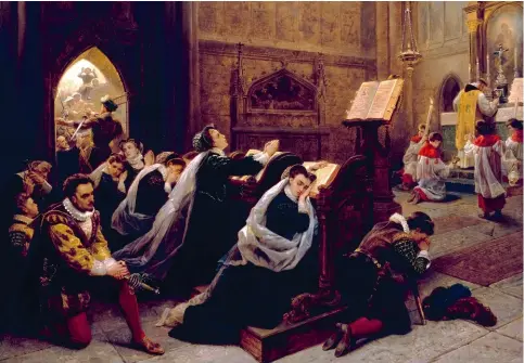  ??  ?? 1561 – Marie Stuart assiste, en son palais de Holyrood, à sa première messe depuis son retour de France (1866), d'Emanuel Leutze.