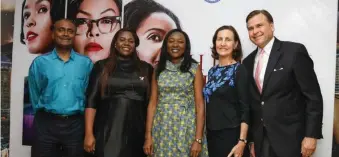  ??  ?? Two of the Tech Women fellows, Carolyn Seaman and Damilola Anwo-Ade pose with CPAO Aruna Amirthanay­agam, Ambassador W Stuart Symington and his wife, Susan