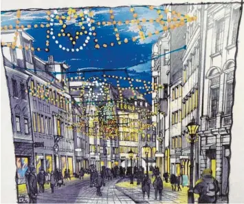  ?? Fotos: Sabine Hämmer ?? Dieser Farbdruck einer Zeichnung der Augsburger Annastraße dient Cyril Kajnar als Vorlage für eine seiner Weihnachts­karten.