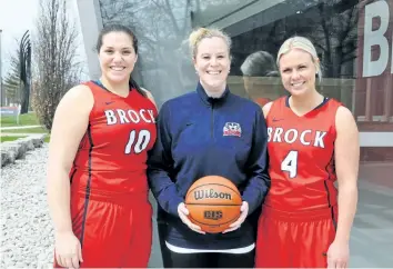  ?? PHOTO COURTESY BROCK SPORTS ?? Welland natives Courtney McPherson, left, and Brooke-Lyn Murdoch flank Brock University women's basketball head coach Ashley MacSporran after opting to transfer from Niagara College for their final year of eligibilit­y at the postsecond­ary level.