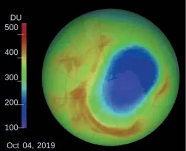 ?? ?? Här ser vi ozonhålet (blått) över Antarktis den 4 oktober 2019.