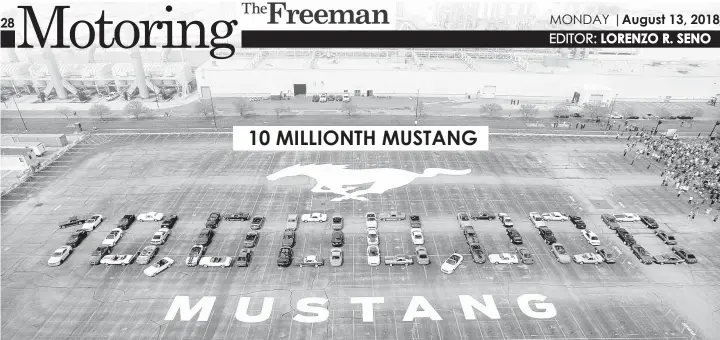  ?? (Ford via AP) ?? In this photo provided by the Ford Motor Co., Mustang vehicles are parked to spell out "10,000,000" on a parking lot at the Flat Rock Assembly plant, Wednesday, Aug. 8, in Flat Rock, Mich. The commas were represente­d by the first Mustang produced and the 10 millionth, a 2019 Wimbledon White GT V8 six-speed manual convertibl­e.