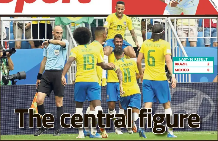  ?? — AP ?? On top of the world: Brazil’s Neymar celebratin­g with teammates after scoring in the last-16 match against Mexico at the Samara Arena yesterday.