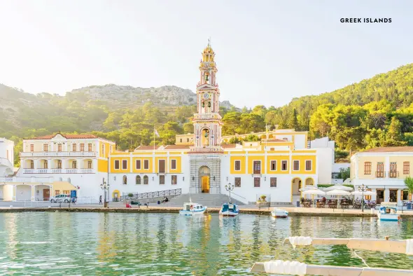  ?? ?? Above from left: Morning beside the harbour on Symi; the Holy Monastery of the Archangel Michael in Panormitis