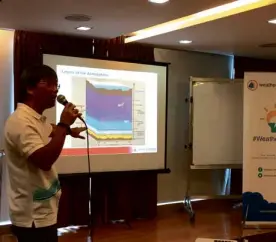  ??  ?? WEATHERPHI­LIPPINES senior meteorolog­ist Leonilo Millanes explains how weather phenomenon happens within the atmosphere.