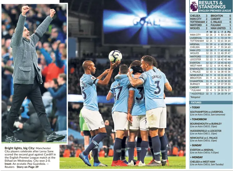  ??  ?? Manchester City players celebrate after Leroy Sane scored the second goal against Cardiff in the English Premier League match at the Etihad on Wednesday. City won 2-0.
Inset: An ecstatic Pep Guardiola. — Reuters