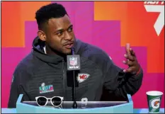  ?? MATT YORK — THE ASSOCIATED PRESS ?? Kansas City Chiefs wide receiver Juju Smith-schuster speaks to the media during Super Bowl LVII opening night on Monday in Phoenix.