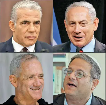  ?? AFP ?? CANDIDATOS. Lapid, Netanyahu, Gantz y Gvir, pelearán por sumar el número mágico: 61 bancas.