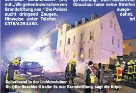  ??  ?? Kellerbran­d in der Lichtenste­iner Dr.-Otto-Nuschke-Straße: Es war Brandstift­ung, sagt die Kripo.