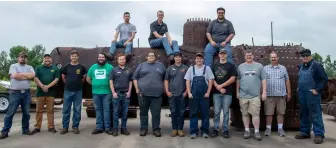  ?? ?? The AIRS crew with No. 4’s boiler. Work has begun to assess the vessel. The AIRS group is comprised of volunteers younger than you might expect for steam-engine work. AIRS