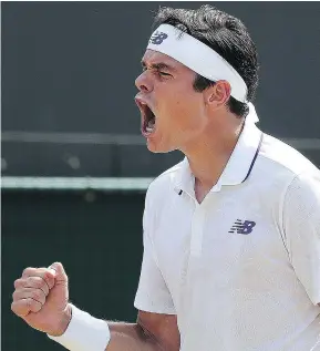  ?? — GETTY IMAGES ?? Canada’s Milos Raonic celebrates a point against Spain’s Albert Ramos-Vinolas during their third-round match at Wimbledon on Saturday in London.