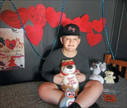  ?? PHOTOS SPECIAL TO THE DISPATCH BY MIKE JAQUAYS ?? Braden Renner holds a “Heart Hero” bear his grandmothe­r had made for him, posing in front of a wall decorated with paper hearts from his friends, on March 24at his home in Munnsville.
