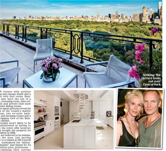  ??  ?? What’s cooking? The kitchen comes complete with four ovens Moving: Sting and wife Trudie Styler Striking: The terrace looks out over Central Park