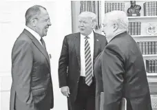  ?? RUSSIAN FOREIGN MINISTRY VIA AP ?? President Trump, Russian Foreign Minister Sergey Lavrov, left, and Russian Ambassador Sergey Kislyak last week.