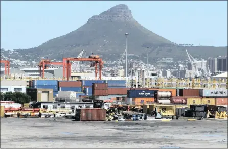  ?? PHOTO: TRACEY ADAMS ?? Containers are lined up at Cape Town Harbour. South Africa’s exports increased by 15.4 percent month-on-month to R13.9bn in May, reports Sars, while imports increased by 11 percent month-on-month to R9.4bn.