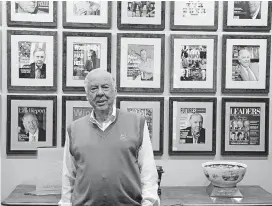  ?? [OKLAHOMAN ARCHIVES] ?? T. Boone Pickens poses in front of his magazine covers at his home in Dallas on May 20, 2015.