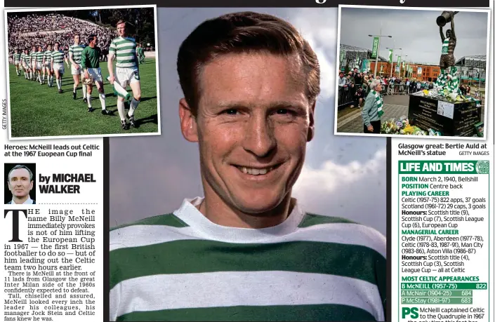  ?? SNS GROUP GETTY IMAGES ?? The lion of Parkhead: Billy McNeill captained Celtic to nine Scottish League titles Glasgow great: Bertie Auld at McNeill’s statue