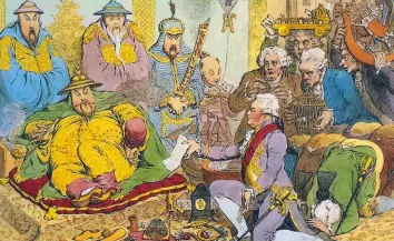  ?? ?? George Macartney, British ambassador to China, meets the Qianlong emperor in 1793, as shown in a Gillray cartoon