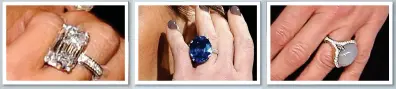  ??  ?? This huge, radiant-cut diamond and platinum ring, which she first wore 10 years ago in 2008, is estimated to be around 15ct. It is worth around £1.65m. A year later, the fashion designer wore an equally bold £450,000 blue sapphire solitaire ring at the Vanity Fair Oscars party in Los Angeles. Victoria wore this £10,000 designer moonstone and platinum ring in New York in 2015. The gem is often used in spiritual healing.